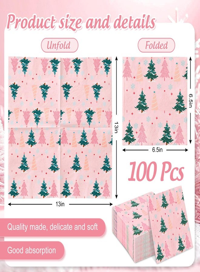 JarThenaAMCS مناديل ورقية من JarThenaAMCS، 100 قطعة، بتصميم شجرة عيد الميلاد باللونين الوردي والأخضر، للاستخدام مرة واحدة، مناسبة للغداء والعشاء في فصل الشتاء، وحفلات الزفاف، وأعياد الميلاد، وحفلات استقبال المولود. - Image 2